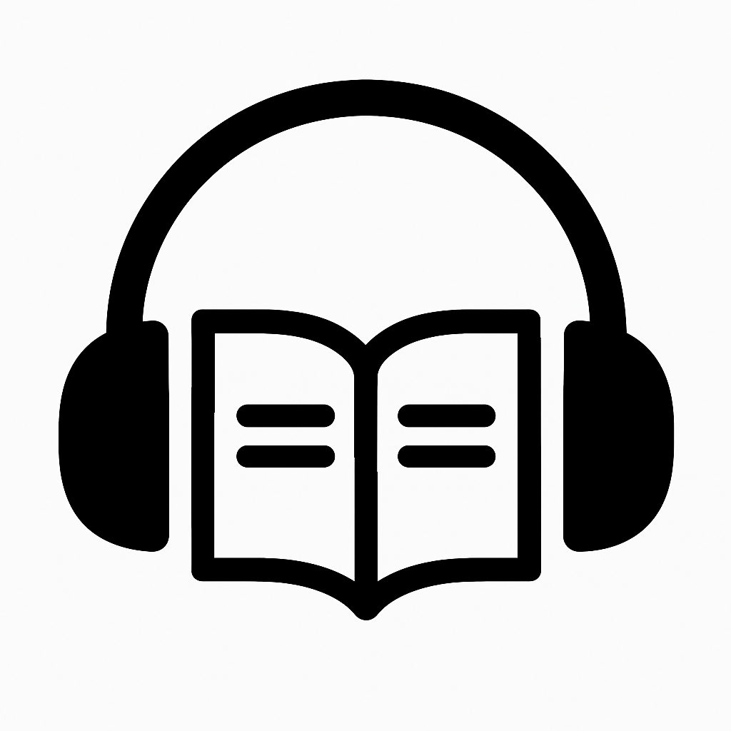 Audio publications icon. Headphones surround a book